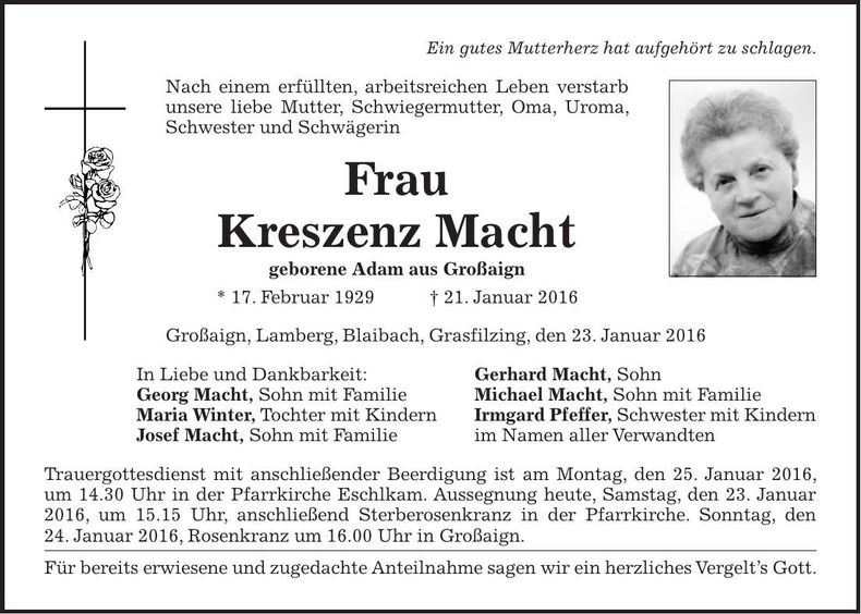 Traueranzeige Kreszenz Macht