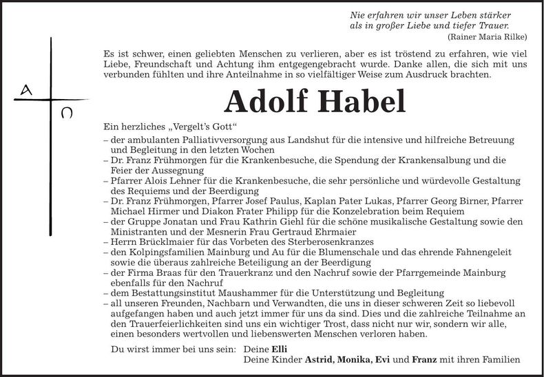 Traueranzeige Adolf Habel