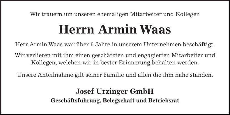Traueranzeige Armin Waas