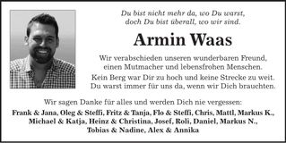 Traueranzeige Armin Waas
