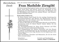 Traueranzeige Mathilde Zirngibl