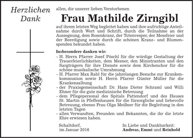 Traueranzeige Mathilde Zirngibl