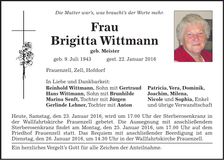 Traueranzeige Brigitta Wittmann