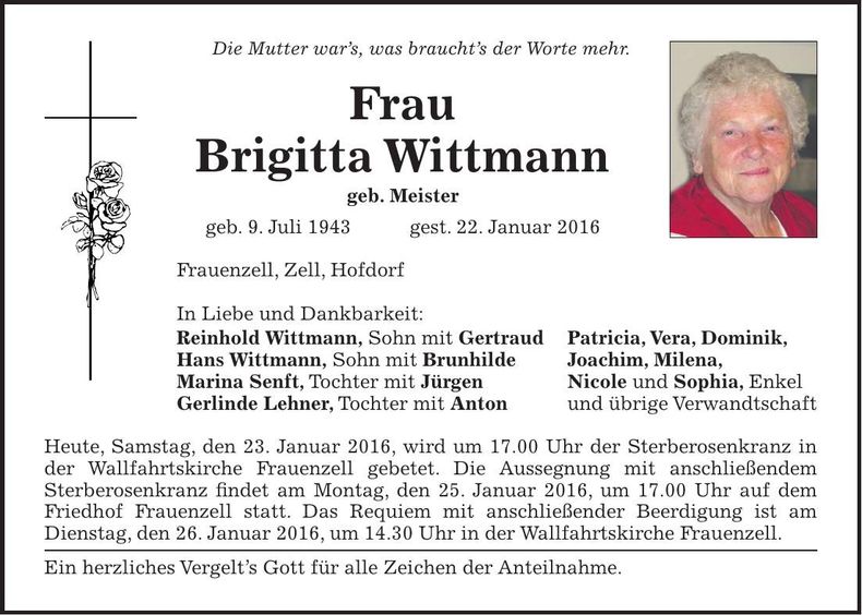 Traueranzeige Brigitta Wittmann