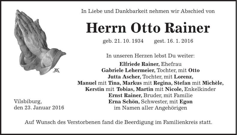 Traueranzeige Otto Rainer