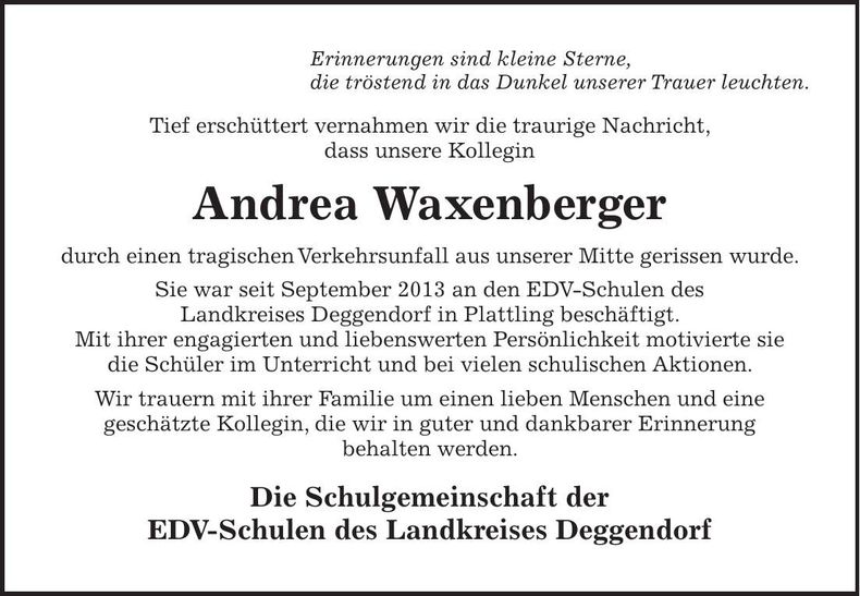 Traueranzeige Andrea Waxenberger
