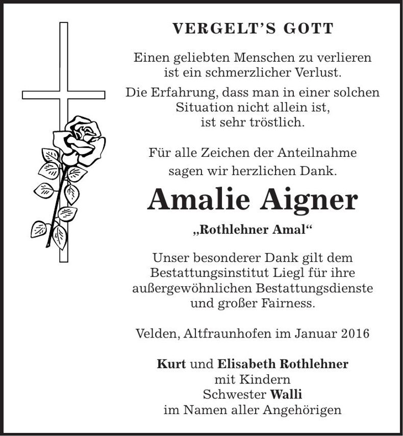 Traueranzeige Amalie Aigner