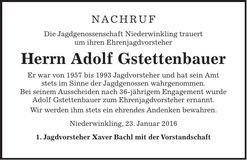 Traueranzeige Adolf Gstettenbauer