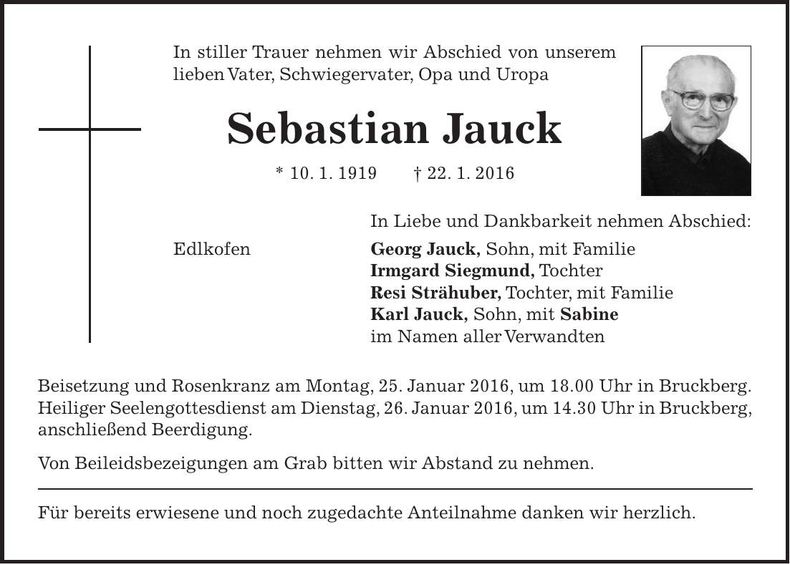 Traueranzeige Sebastian Jauck