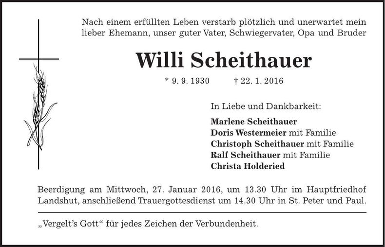 Traueranzeige Willi Scheithauer