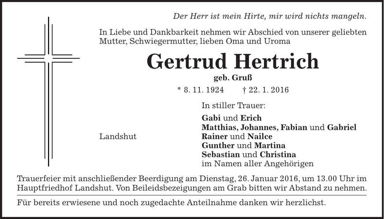 Traueranzeige Gertrud Hertrich