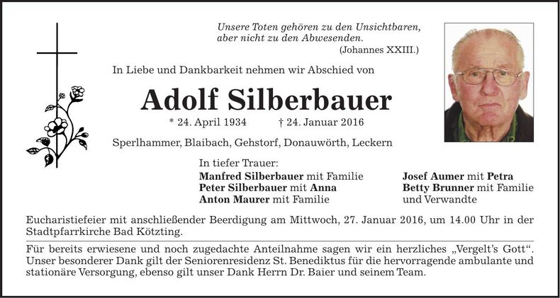 Traueranzeige Adolf Silberbauer