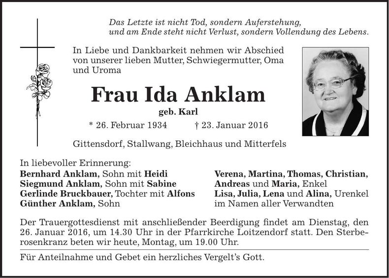Traueranzeige Ida Anklam