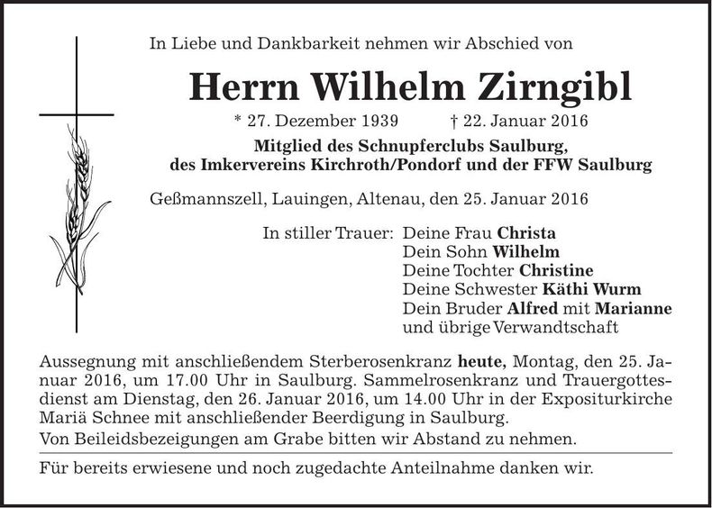 Traueranzeige Wilhelm Zirngibl