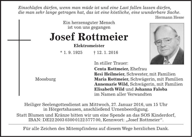 Traueranzeige Josef Rottmeier