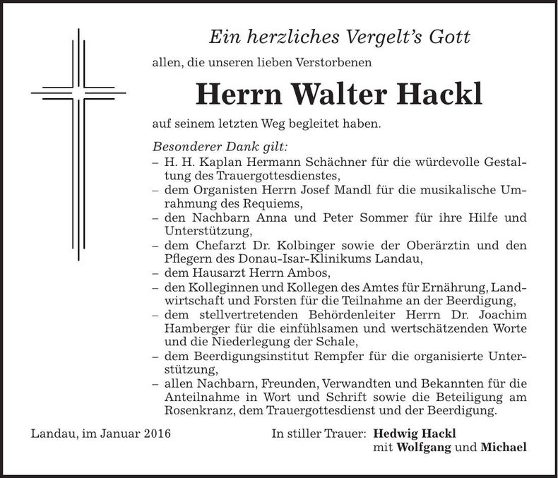 Traueranzeige Walter Hackl