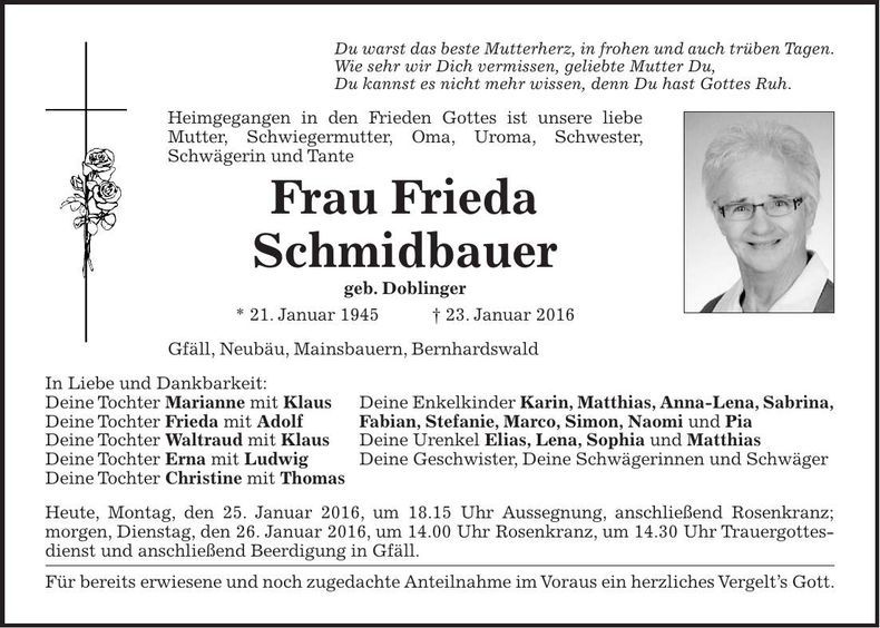 Traueranzeige Frieda Schmidbauer