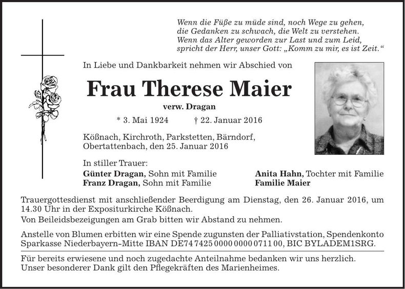 Traueranzeige Therese Maier