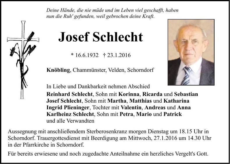 Traueranzeige Josef Schlecht