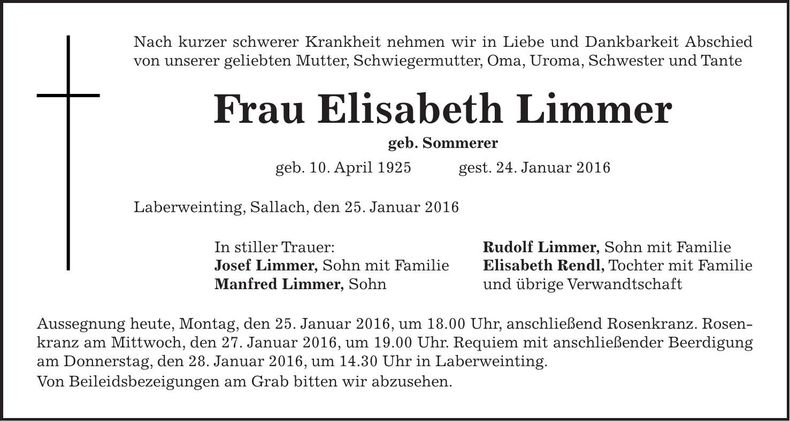 Traueranzeige Elisabeth Limmer