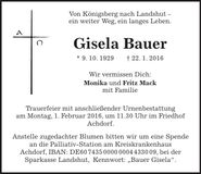 Traueranzeige Gisela Bauer
