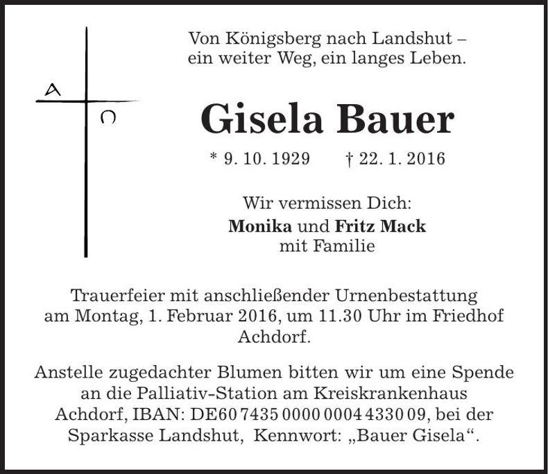Traueranzeige Gisela Bauer