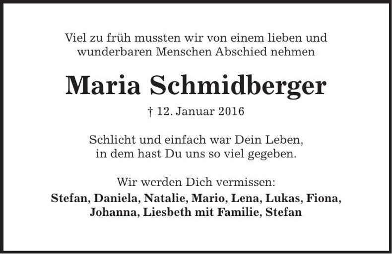 Traueranzeige Maria Schmidberger