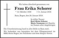Traueranzeige Erika Schorer