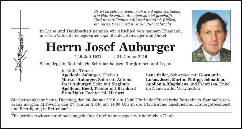 Traueranzeige Josef Auburger