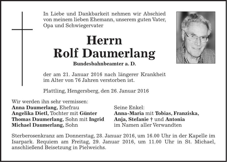 Traueranzeige Rolf Daumerlang