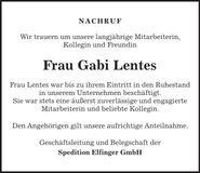 Traueranzeige Gabi Lentes