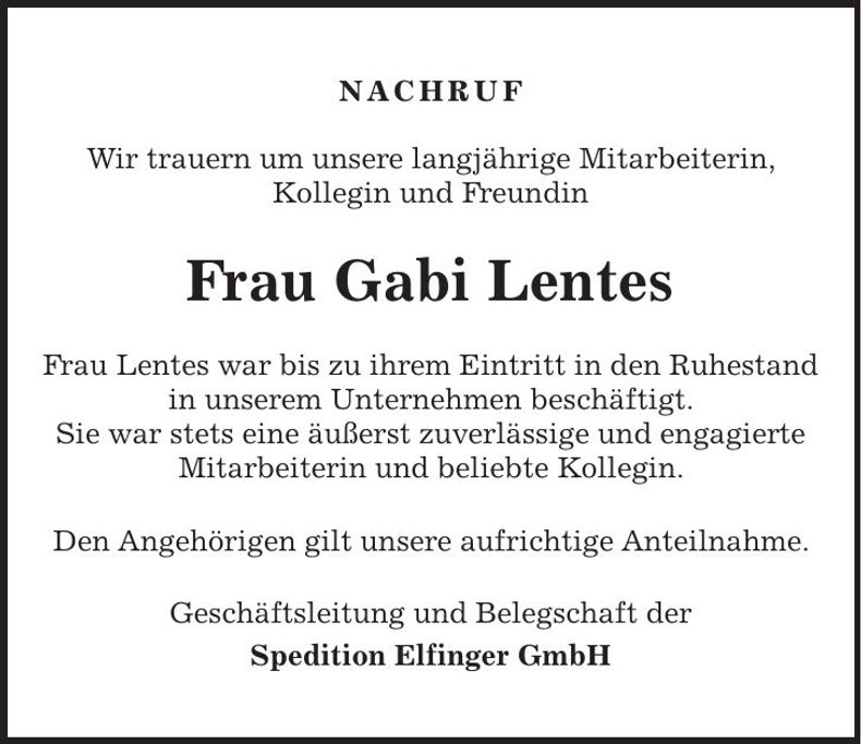 Traueranzeige Gabi Lentes