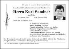 Traueranzeige Kurt Sandner