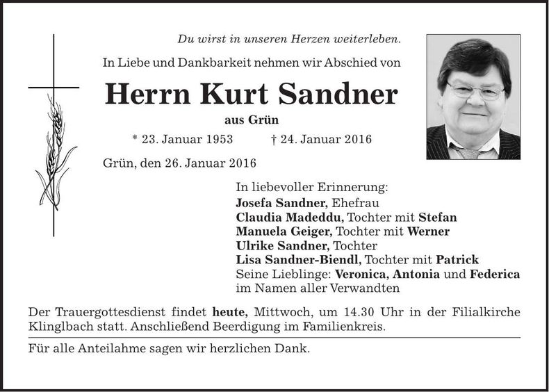 Traueranzeige Kurt Sandner