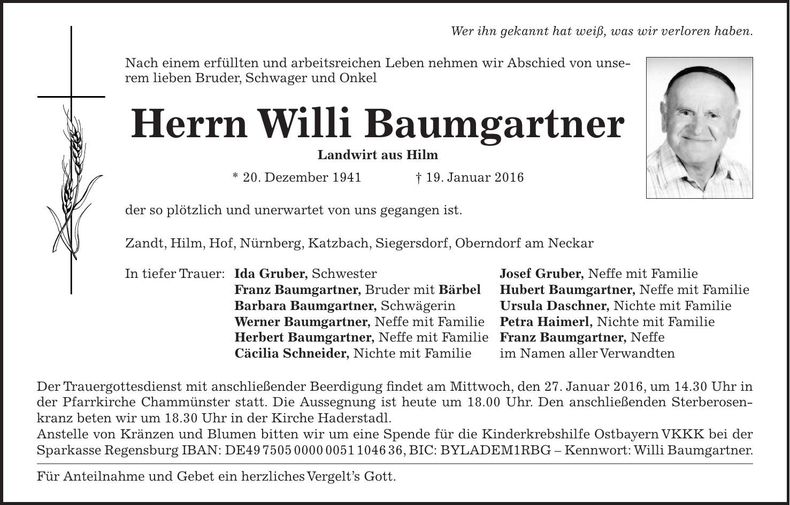 Traueranzeige Willi Baumgartner