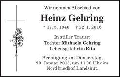 Traueranzeige Heinz Gehring