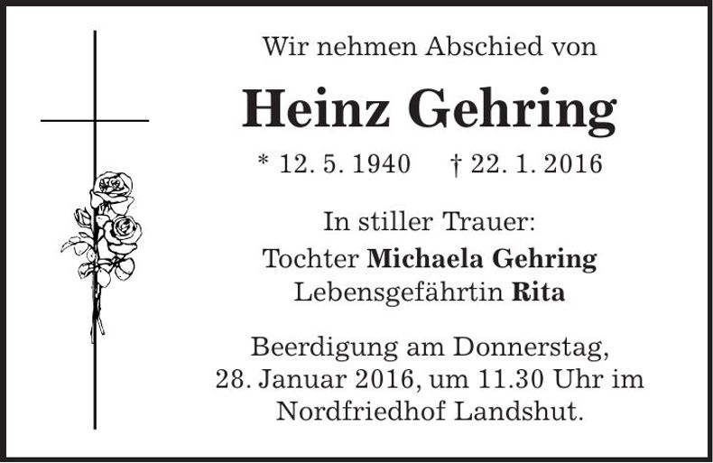 Traueranzeige Heinz Gehring