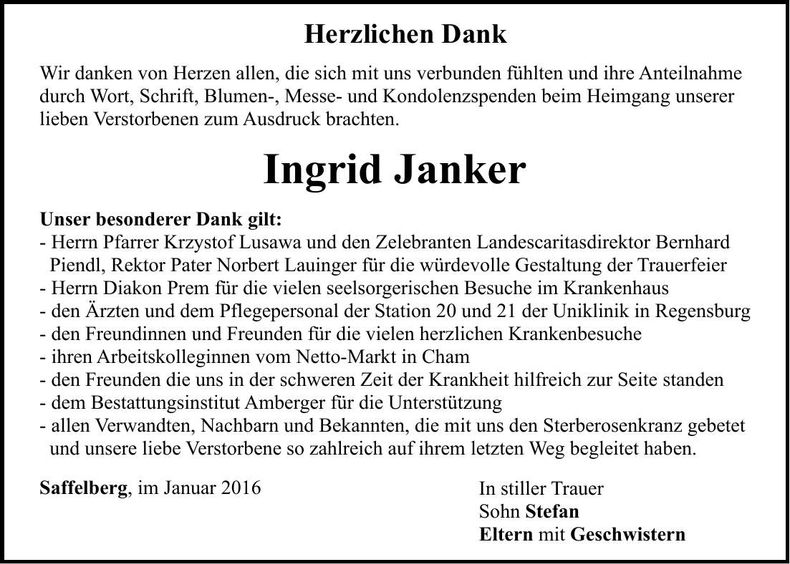 Traueranzeige Ingrid Janker