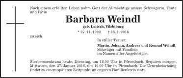Traueranzeige Barbara Weindl