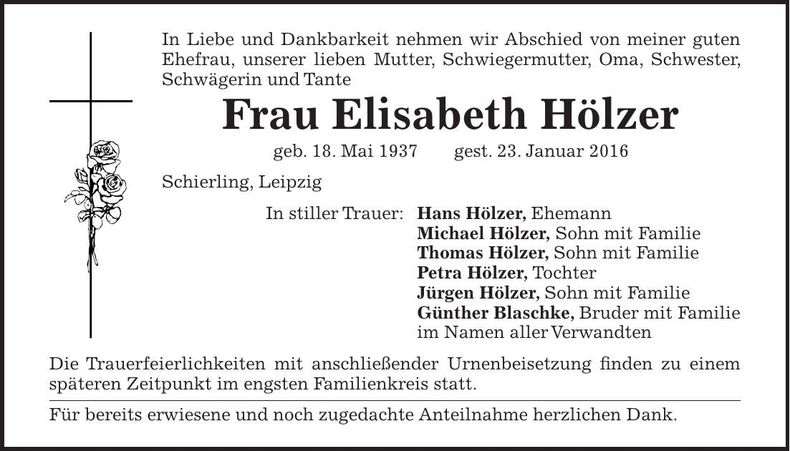 Traueranzeige Elisabeth Hölzer