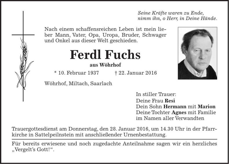 Traueranzeige Ferdl Fuchs