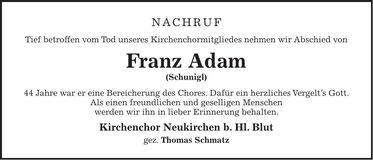 Traueranzeige Franz Adam