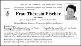 Traueranzeige Theresia Fischer
