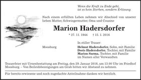Traueranzeige Marion Hadersdorfer