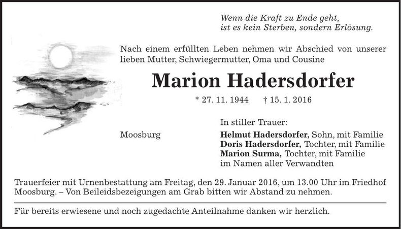 Traueranzeige Marion Hadersdorfer