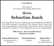 Traueranzeige Sebastian Jauck