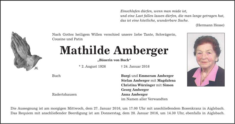 Traueranzeige Mathilde Amberger
