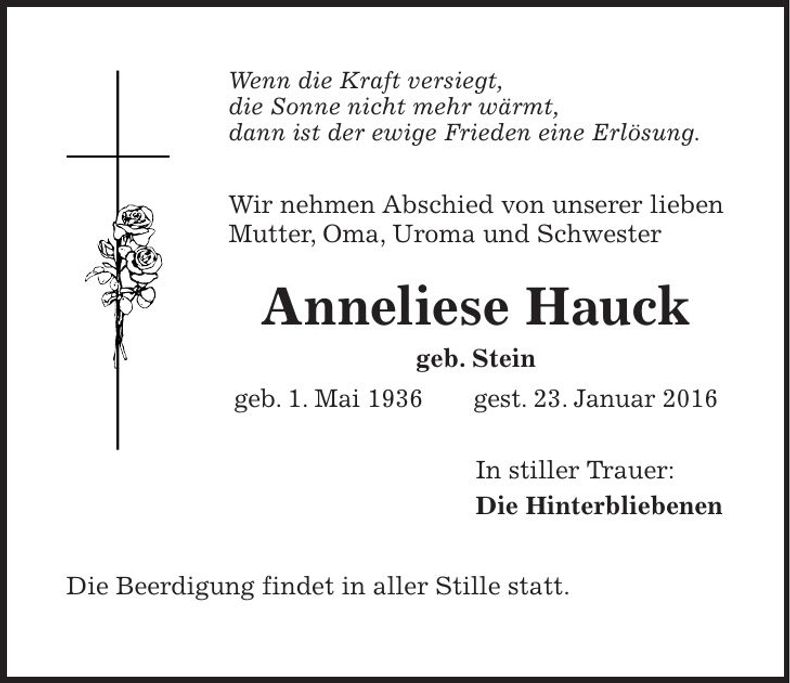 Traueranzeige Anneliese Hauck