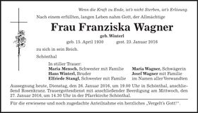 Traueranzeige Franziska Wagner