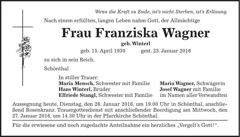 Traueranzeige Franziska Wagner
